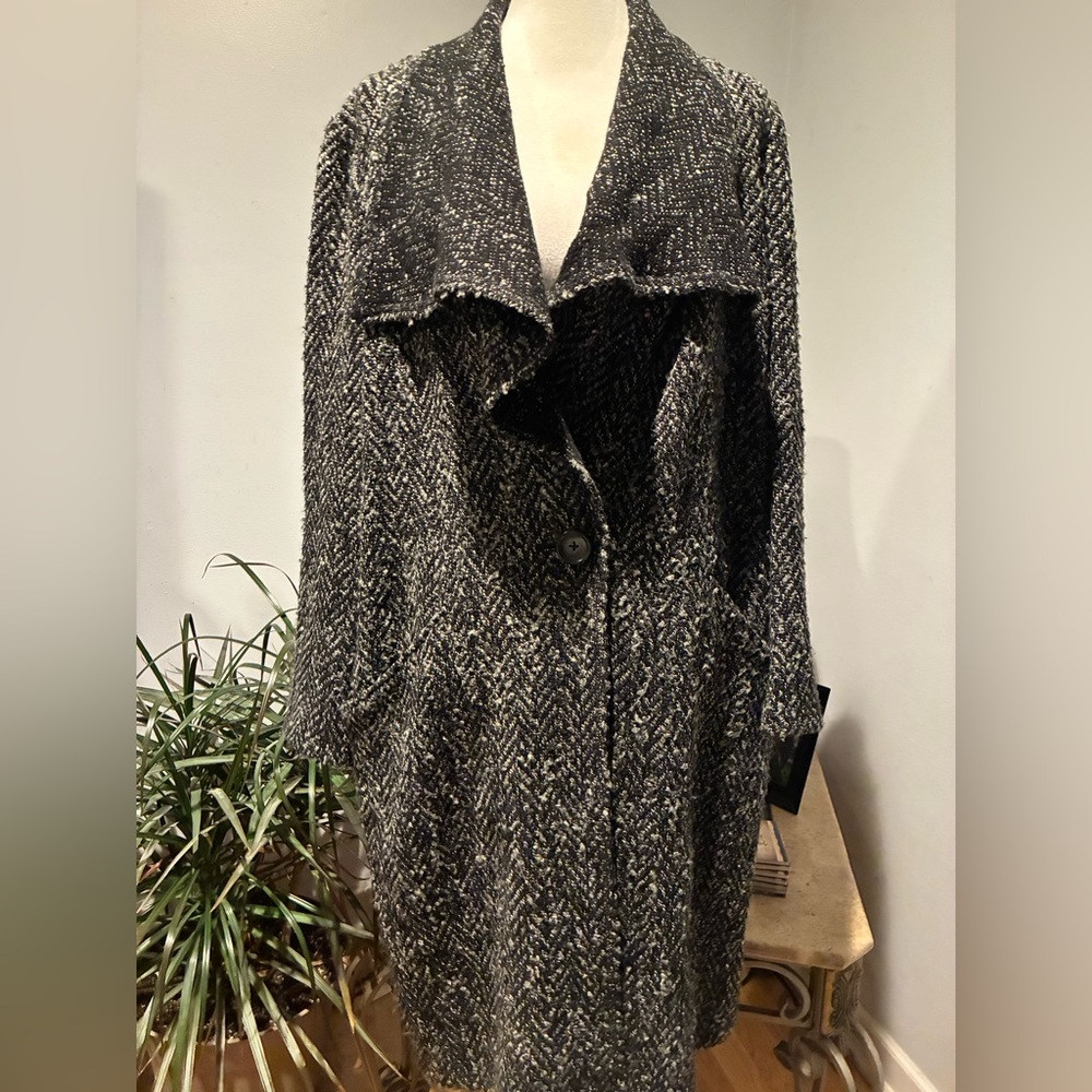 J Jill Women's Size L Gray Black Wool Blend Coat One Button Draped Collar